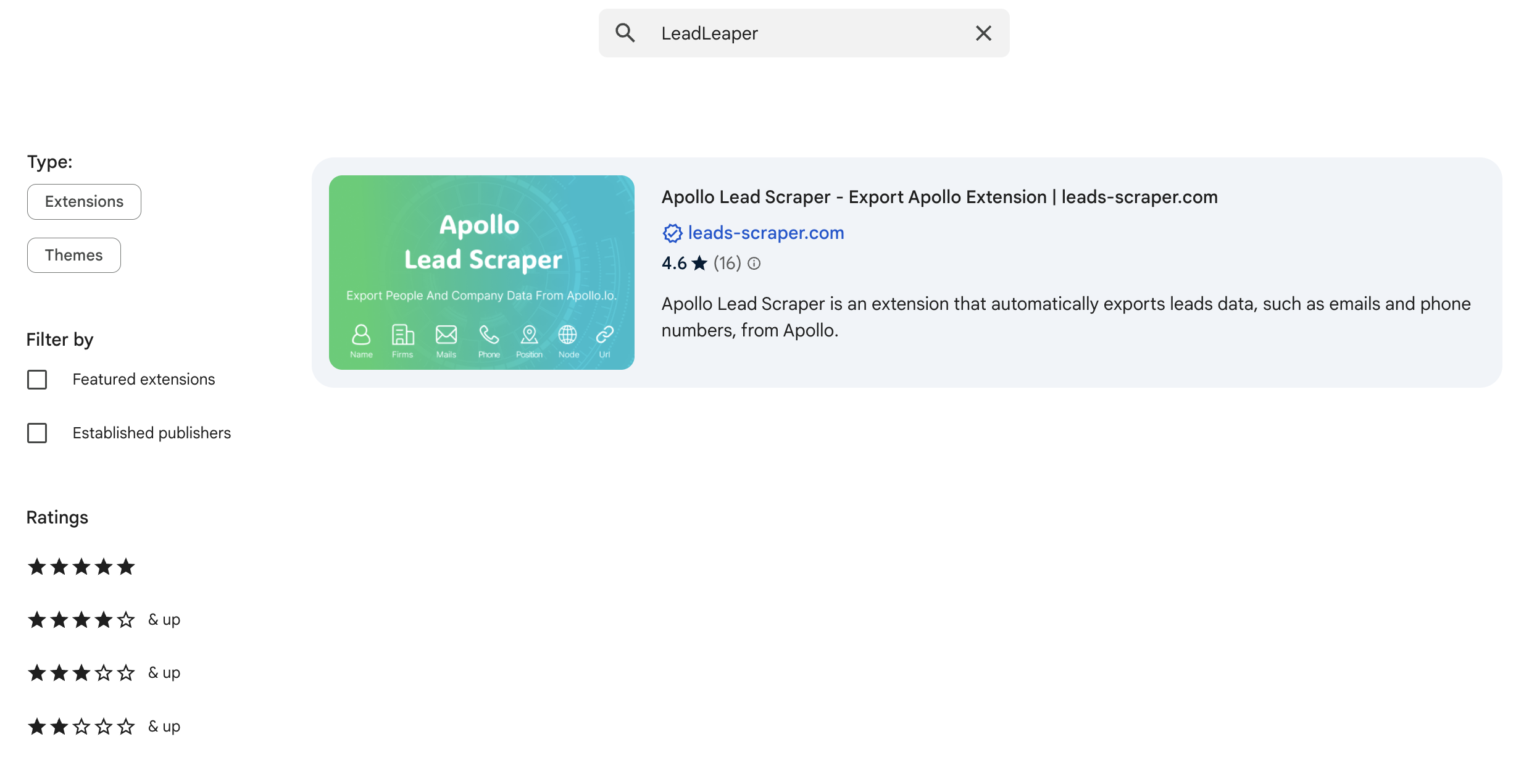 Empty search results for “LeadLeaper” in the web store